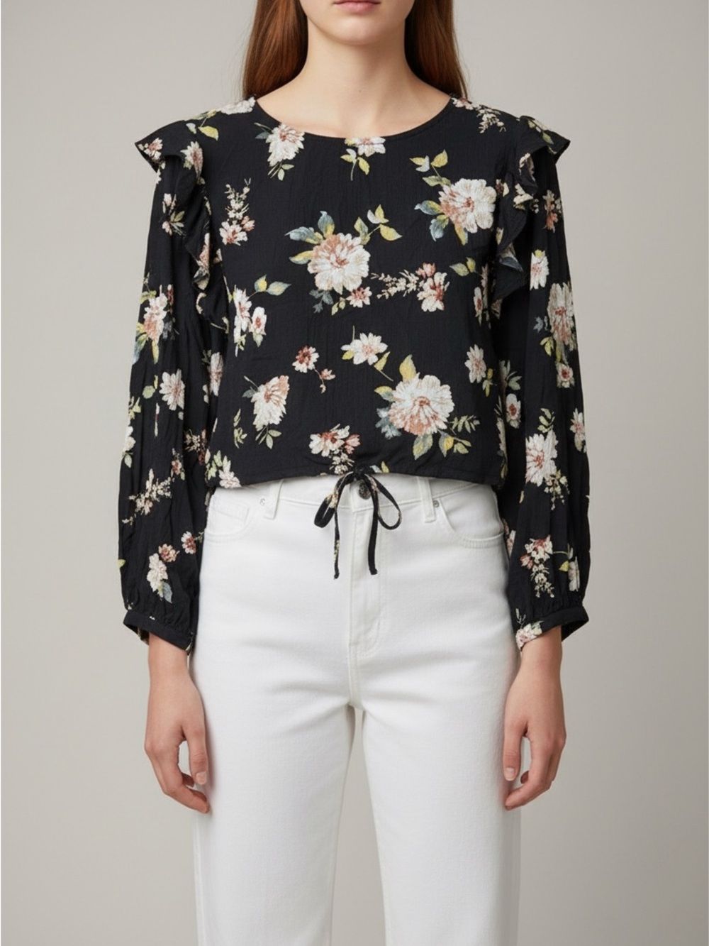 Black Floral Ruffle-Sleeve Tie-Hem Blouse